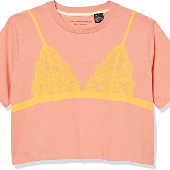 French Connection Lace Crop Tee Papaya Punch Orange - Picture 1 of 4